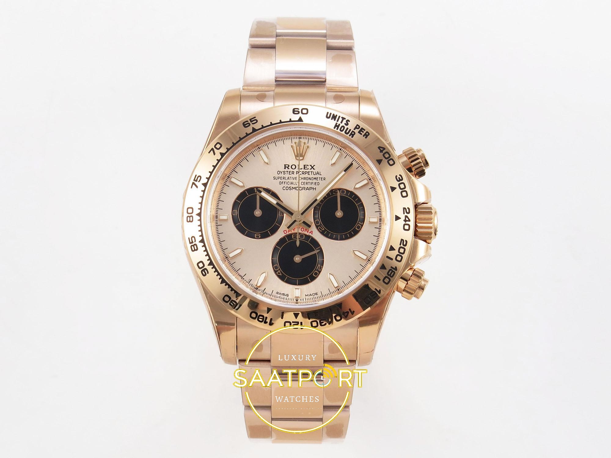 01-87 Rolex Daytona 40mm 126505 Rose Gold Black Subdial Oyster VSF Factory Eta Saat karşıdan görünüm