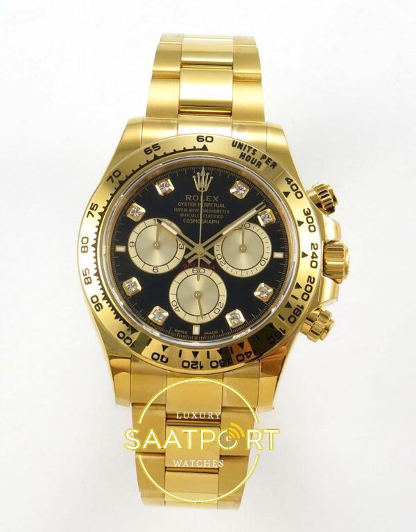 Rolex Daytona 40mm 126508 Black Yellow Gold Diamonds Yellow Gold Bracelet Eta Saat karşıdan görünüm