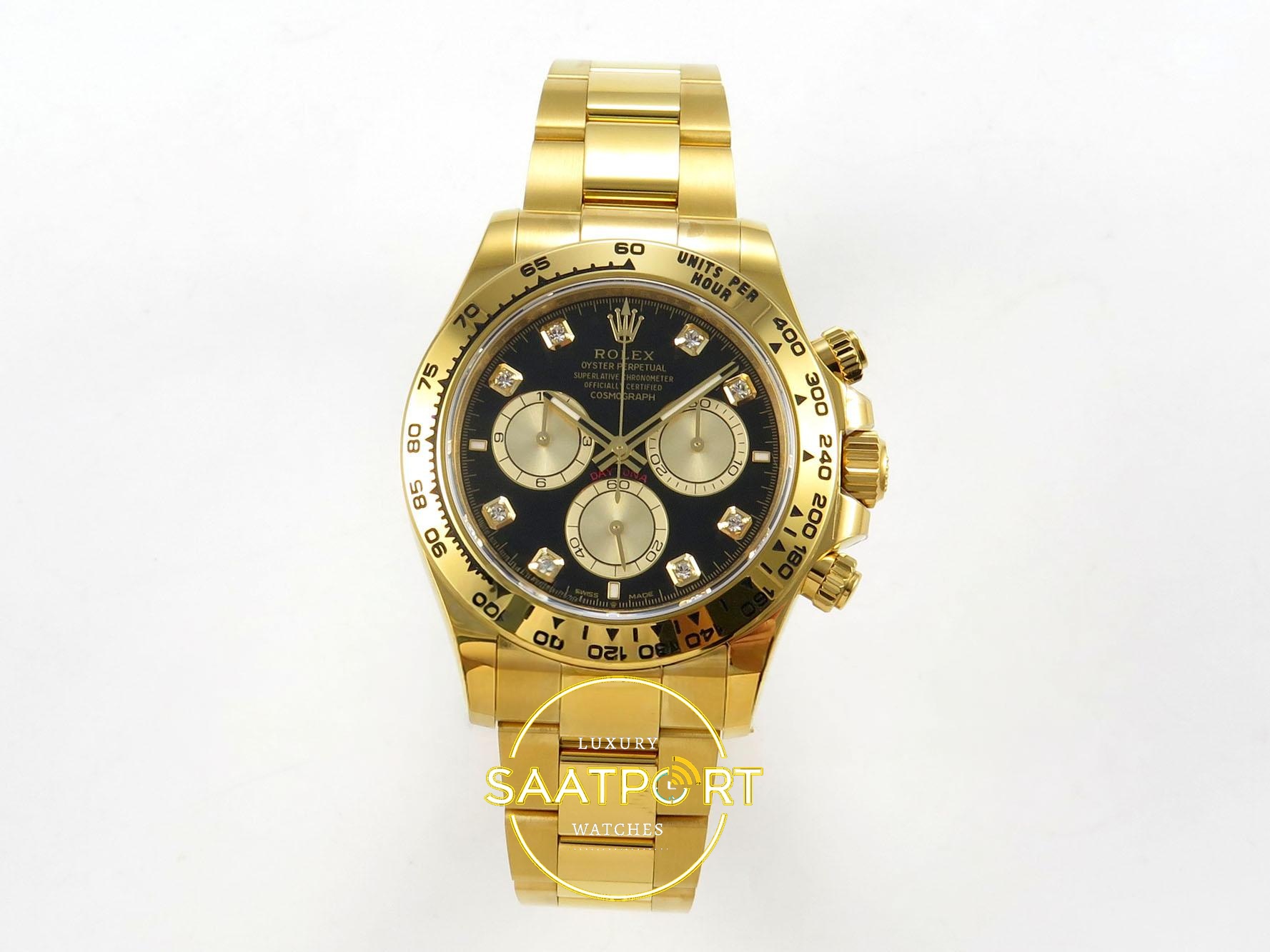 01-88 Rolex Daytona 40mm 126508 Black Yellow Gold Diamonds Yellow Gold Bracelet Eta Saat karşıdan görünüm