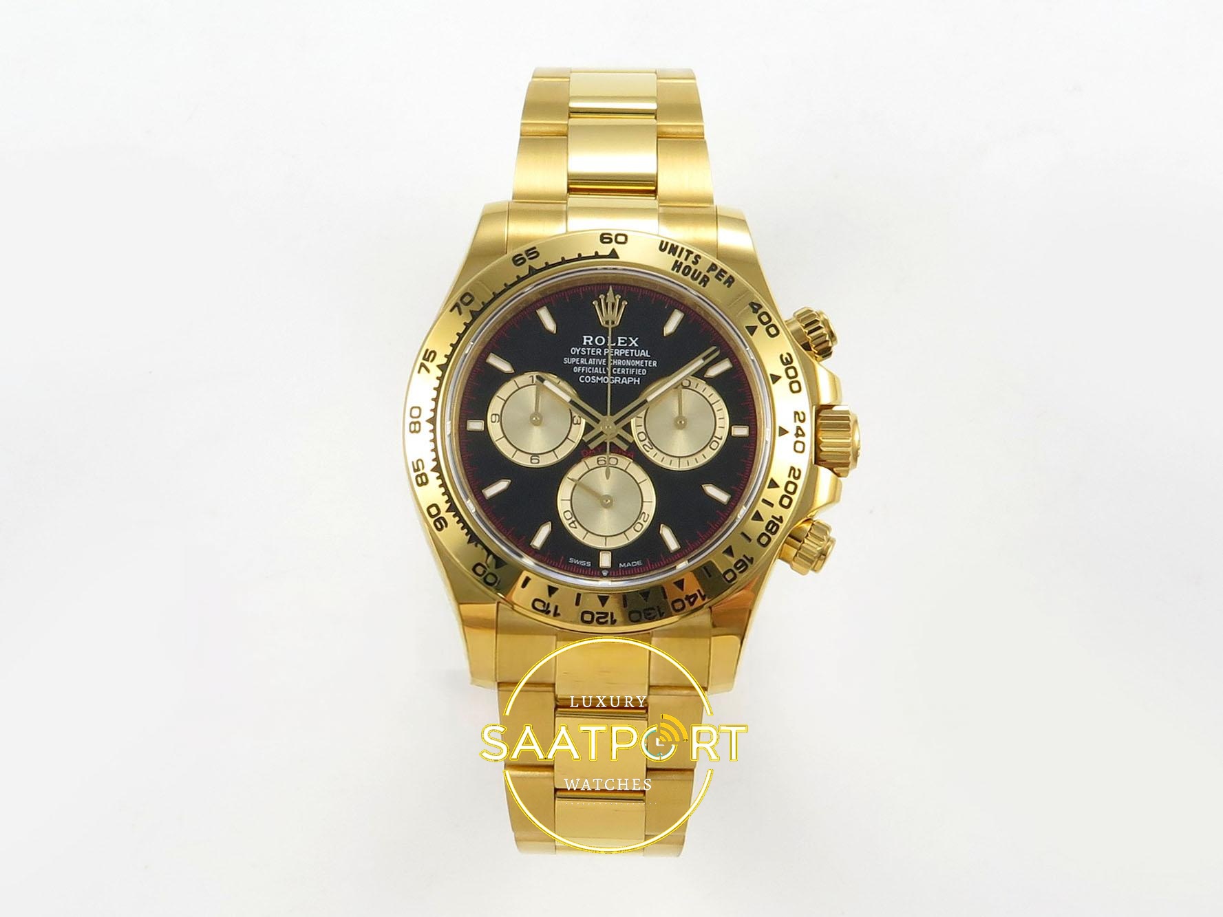 01-89 Rolex Daytona 40mm 126508 Black Yellow Gold Yellow Gold Bracelet Eta Saat karşıdan görünüm