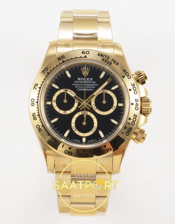 Rolex Daytona 40mm 126508 Yellow Gold Black Subdial Oyster VSF Factory Eta Saat karşıdan görünüm