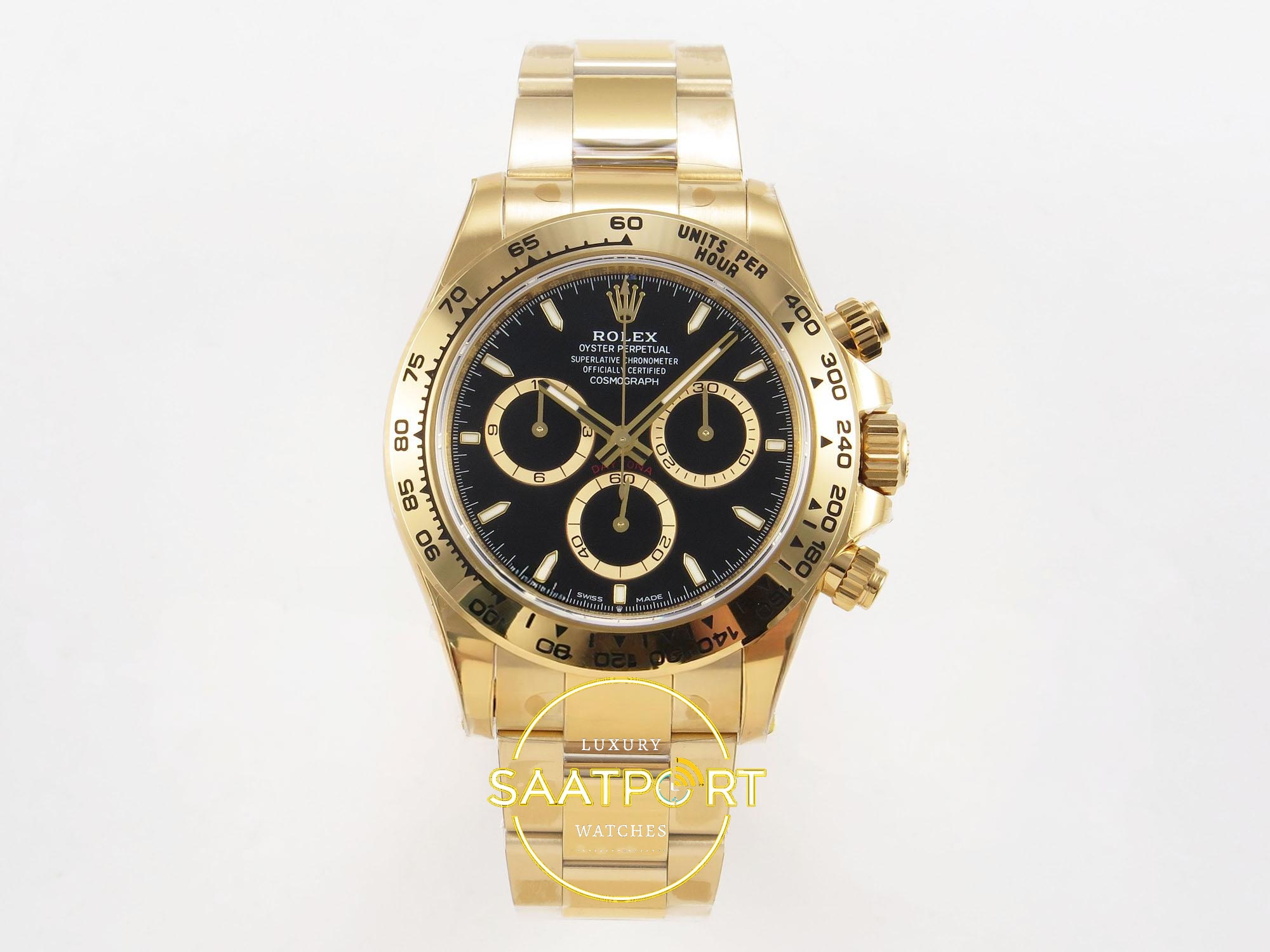 01-90 Rolex Daytona 40mm 126508 Yellow Gold Black Subdial Oyster VSF Factory Eta Saat karşıdan görünüm