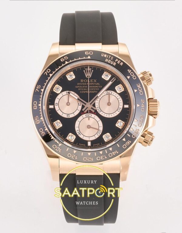 Rolex Daytona 40mm 126515 Black Rose Gold Diamonds Oysterflex ARF Factory Eta Saat karşıdan görünüm