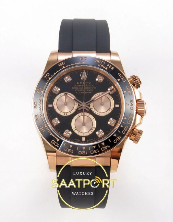 Rolex Daytona 40mm 126515 Black Rose Gold Diamonds Oysterflex ERF Factory Eta Saat karşıdan görünüm