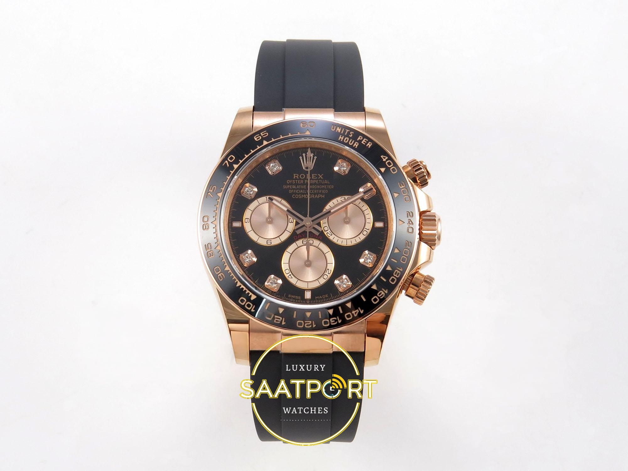01-92 Rolex Daytona 40mm 126515 Black Rose Gold Diamonds Oysterflex ERF Factory Eta Saat karşıdan görünüm