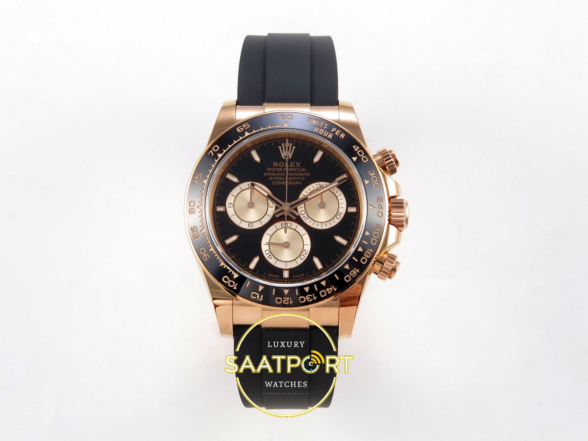 01-94 Rolex Daytona 40mm 126515 Black Rose Gold Oysterflex ERF Factory Eta Saat karşıdan görünüm