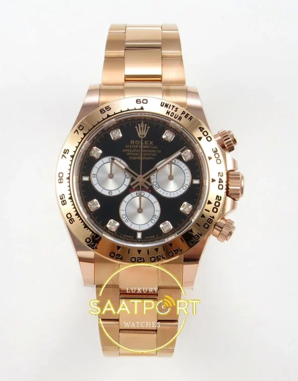 Rolex Daytona 40mm 126505 Black Silver Diamonds Rose Gold BTF Factory Eta Saat karşıdan görünüm