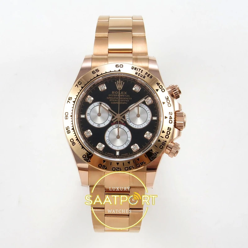 01-96 Rolex Daytona 40mm 126505 Black Silver Diamonds Rose Gold BTF Factory Eta Saat karşıdan görünüm