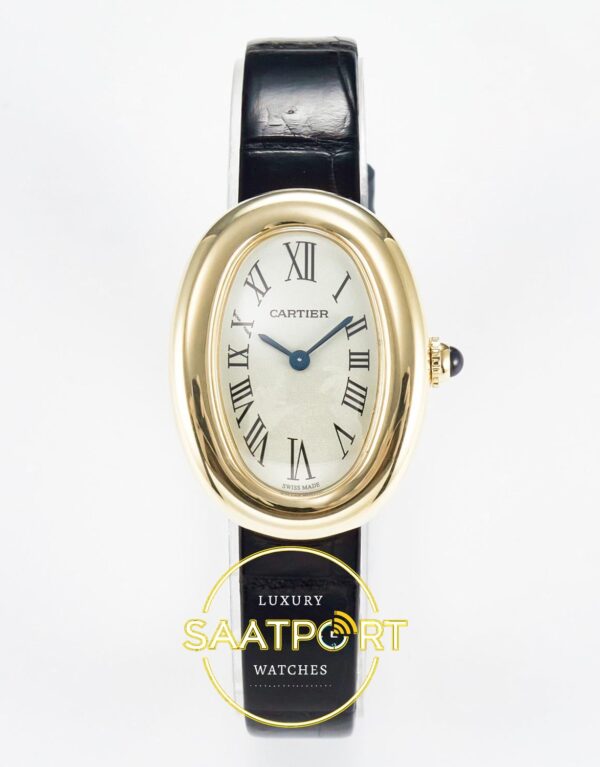 Cartier Baignoire 31mm Sarı Altın Gümüş Kadran Siyah Deri Kordon Bayan Super Clone ETA Görünüm 1