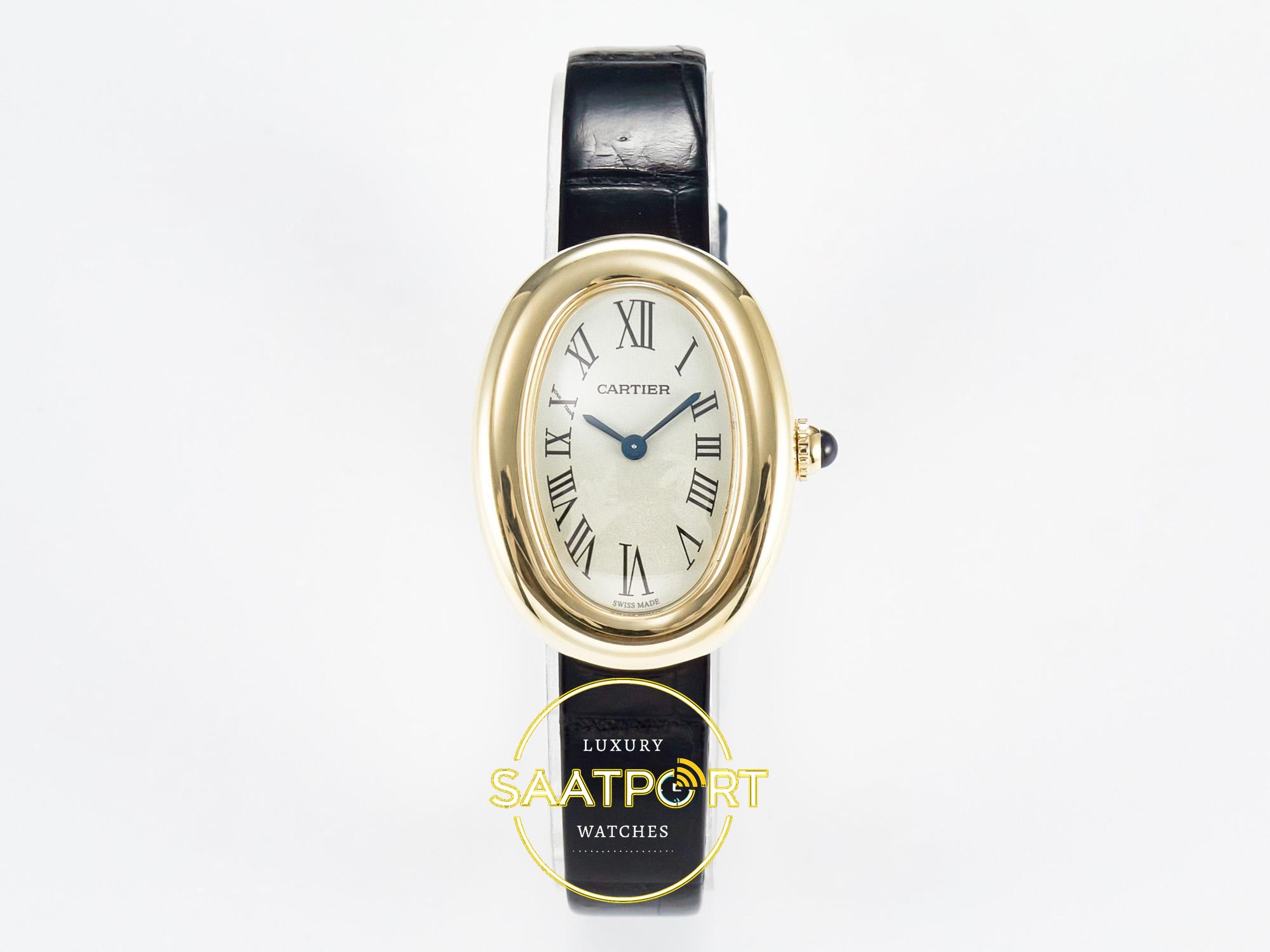 Cartier Baignoire 31mm Sarı Altın Gümüş Kadran Siyah Deri Kordon Bayan Super Clone ETA - Görünüm 1 Cartier Baignoire 31mm Sarı Altın Gümüş Kadran Siyah Deri Kordon Bayan Super Clone ETA Görünüm 1