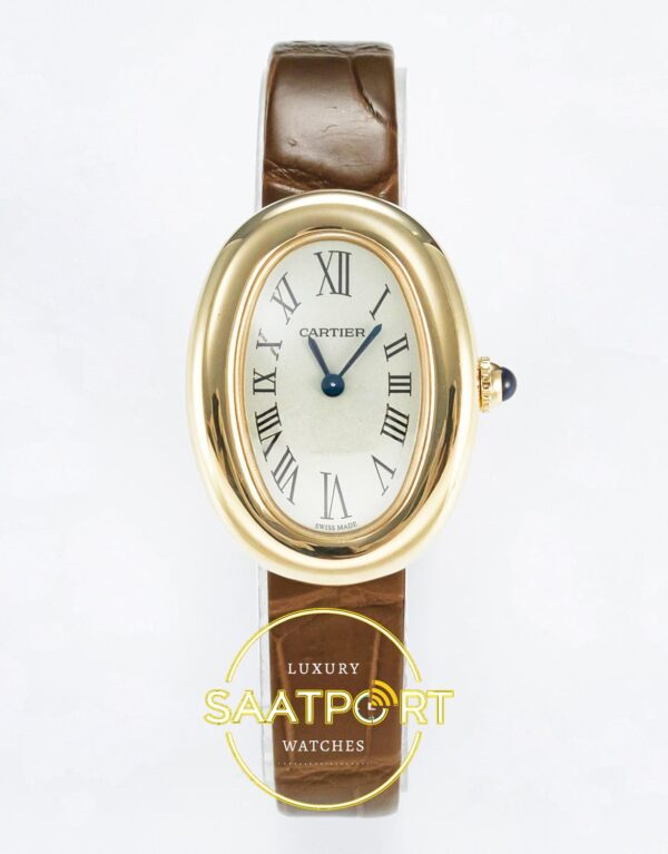 Cartier Baignoire 31mm Sarı Altın Gümüş Kadran Kahve Deri Kordon Bayan Super Clone ETA Görünüm 1