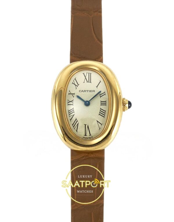 Cartier Baignoire 25mm Sarı Altın Gümüş Kadran Kahve Deri Kordon Bayan Super Clone ETA Görünüm 1