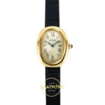 Cartier Baignoire 25mm Sarı Altın Gümüş Kadran Siyah Deri Kordon Bayan Super Clone ETA Görünüm 1 — Kadran ve Bezel Görünümü