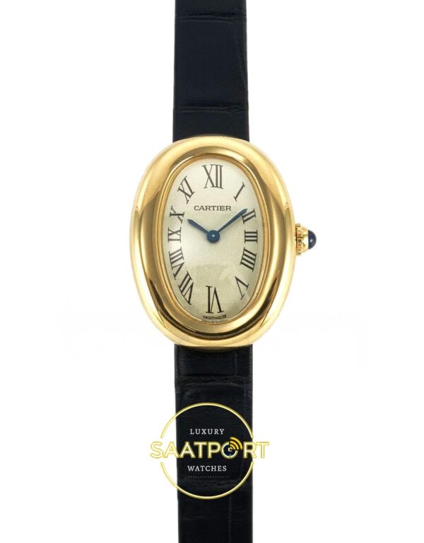 Cartier Baignoire 25mm Sarı Altın Gümüş Kadran Siyah Deri Kordon Bayan Super Clone ETA Görünüm 1