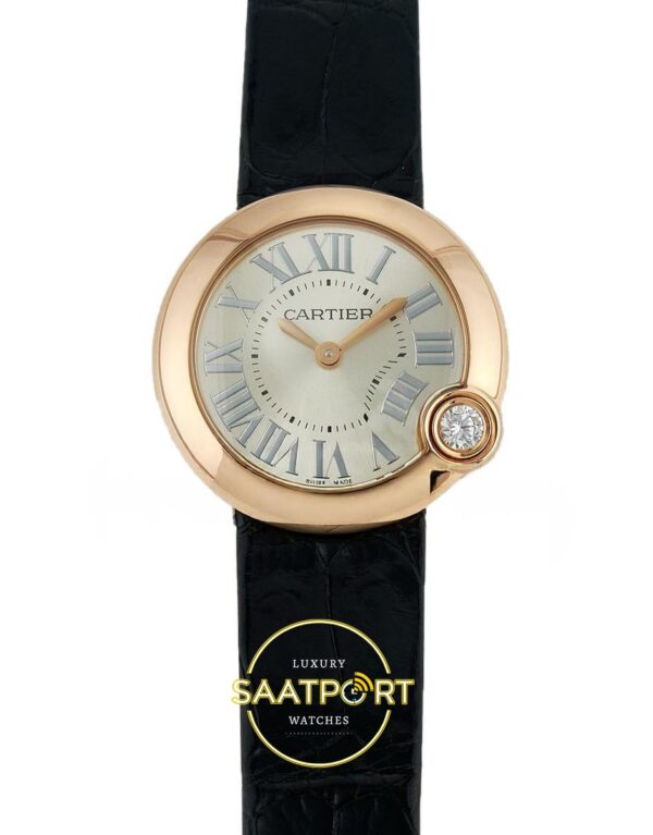 Cartier Ballon Blanc 30mm Rose Gold Gümüş Kadran Siyah Deri Kordon Bayan Super Clone ETA Görünüm 1