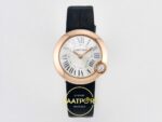 Cartier Ballon Blanc 30mm Rose Gold Beyaz Kadran Siyah Deri Kordon Bayan Super Clone ETA Görünüm 1 — Kadran ve Bezel Görünümü