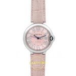 Cartier Ballon Bleu 36mm Çelik Pembe Kadran Pembe Deri Kordon Bayan Super Clone ETA Görünüm 1 — Kadran ve Bezel Görünümü