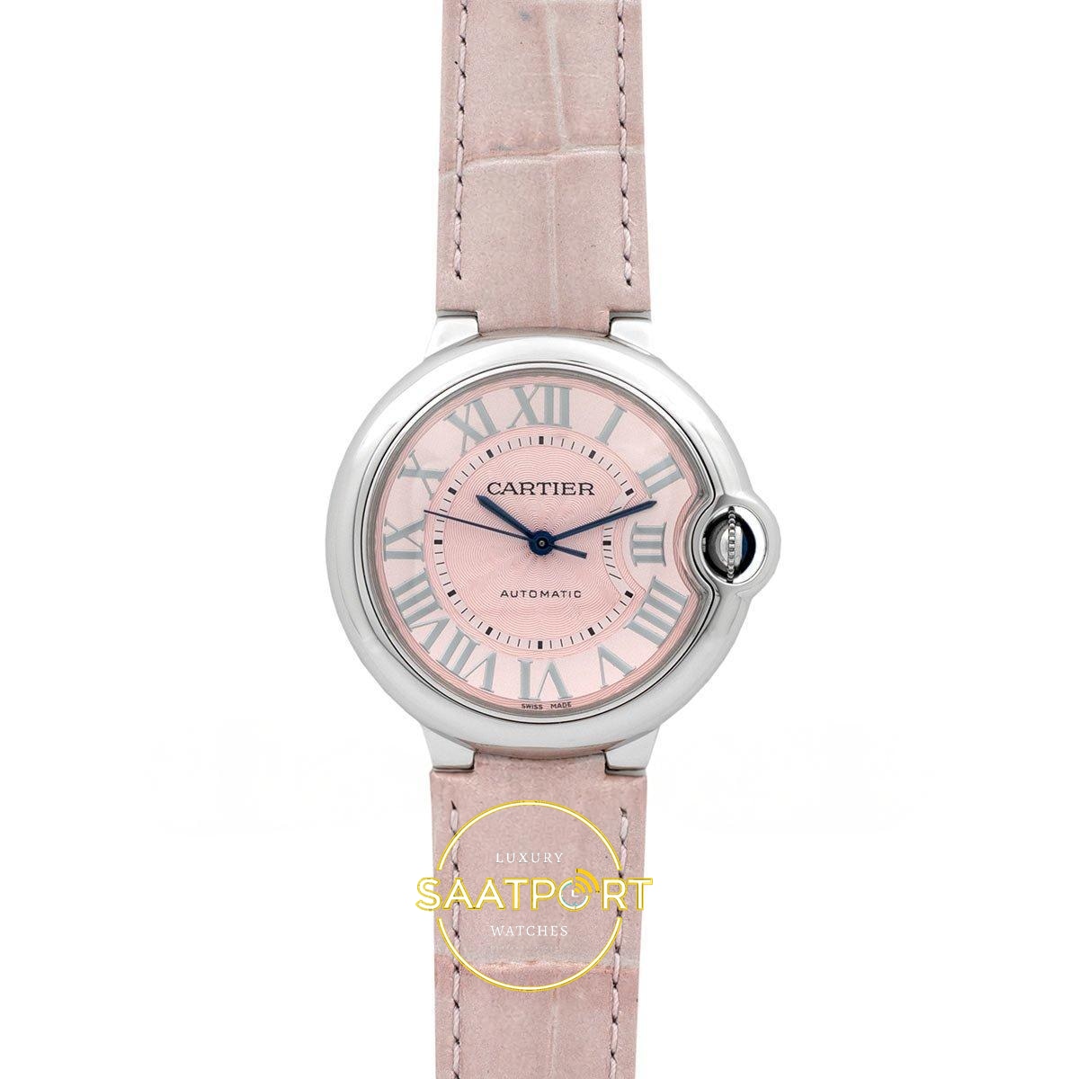 Cartier Ballon Bleu 36mm Çelik Pembe Kadran Pembe Deri Kordon Bayan Super Clone ETA - Görünüm 1 Cartier Ballon Bleu 36mm Çelik Pembe Kadran Pembe Deri Kordon Bayan Super Clone ETA Görünüm 1