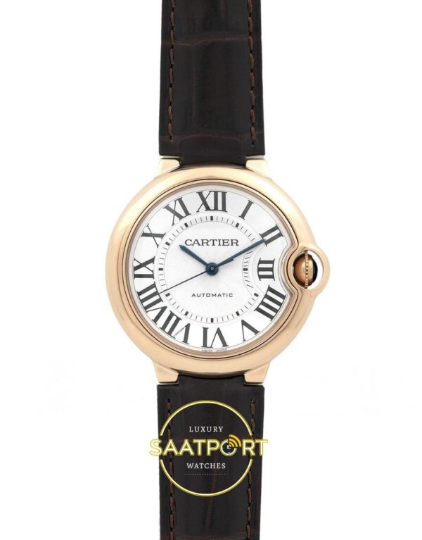 Cartier Ballon Bleu 36mm Rose Gold Beyaz Kadran Kahve Deri Kordon Bayan Super Clone ETA Görünüm 1