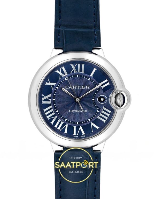 Cartier Ballon Bleu 42mm Çelik Mavi Kadran Mavi Deri Kordon Erkek Super Clone ETA Görünüm 1