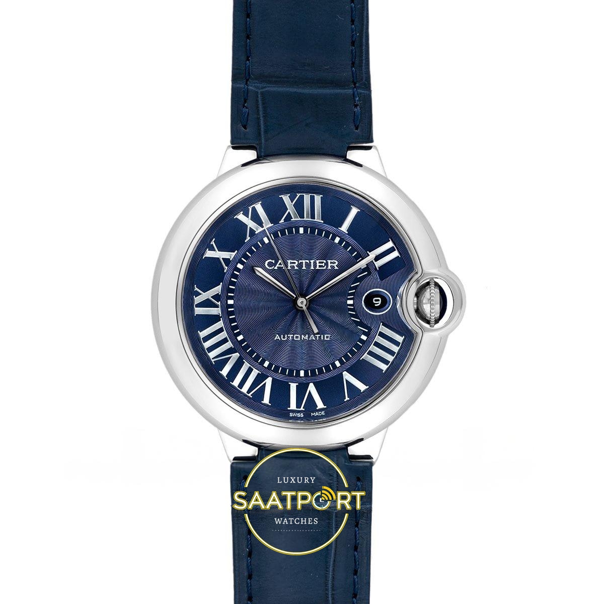 Cartier Ballon Bleu 42mm Çelik Mavi Kadran Mavi Deri Kordon Erkek Super Clone ETA - Görünüm 1 Cartier Ballon Bleu 42mm Çelik Mavi Kadran Mavi Deri Kordon Erkek Super Clone ETA Görünüm 1
