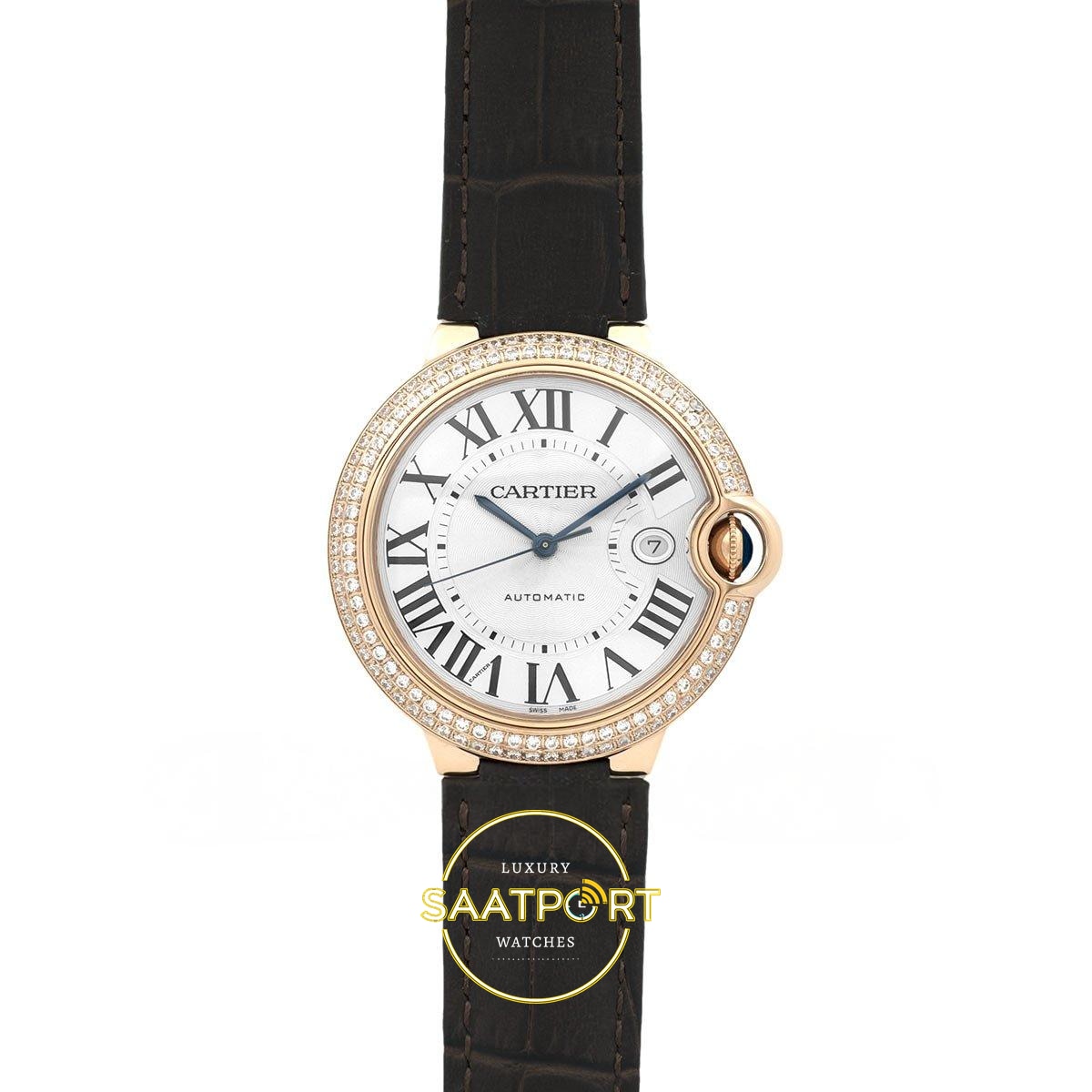 Cartier Ballon Bleu 42mm 18K Rose Gold Gümüş Kadran Erkek Super Clone ETA Saat - Ön Cephe Kadran ve Kasa Görünümü Cartier Ballon Bleu Erkek ETA Saat 42mm Ön Cephe Kadran ve Kasa Görünümü Super Clone