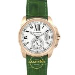 Cartier Calibre 42mm Rose Gold Beyaz Kadran Yeşil Deri Kordon Erkek Super Clone ETA Görünüm 1 — Kadran ve Bezel Görünümü