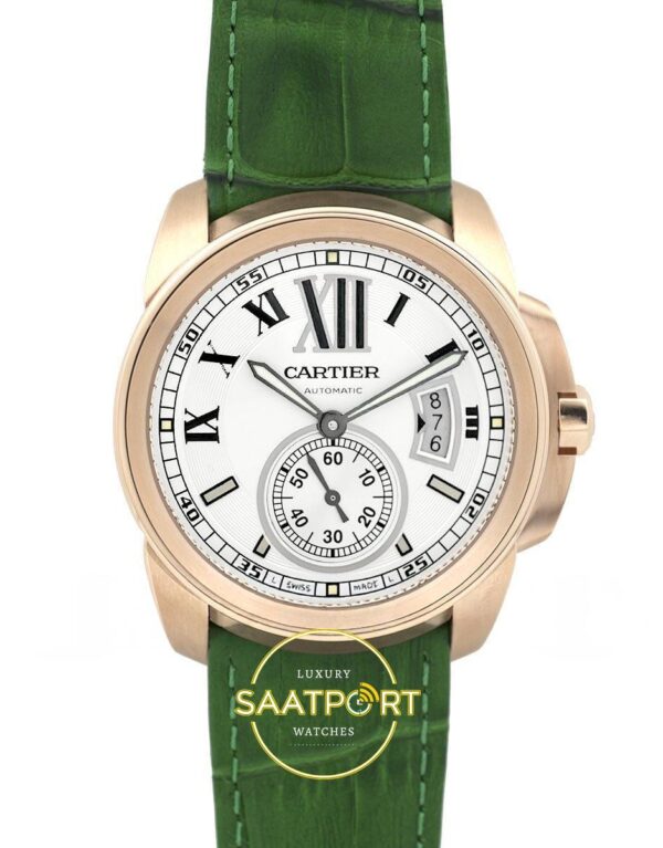 Cartier Calibre 42mm Rose Gold Beyaz Kadran Yeşil Deri Kordon Erkek Super Clone ETA Görünüm 1