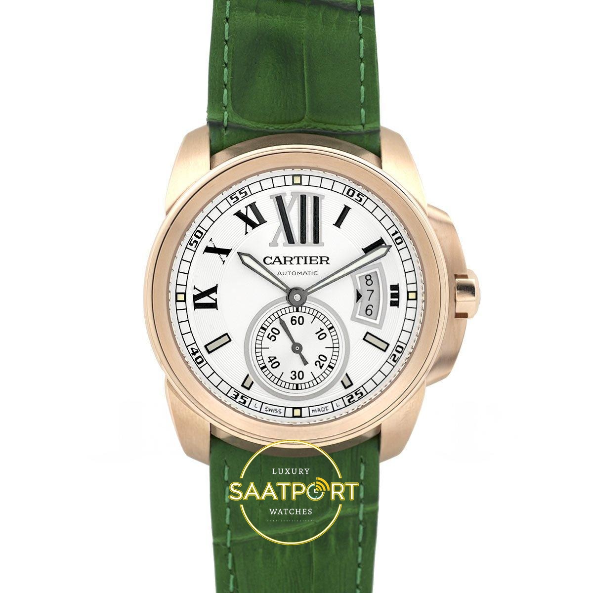 Cartier Calibre 42mm Rose Gold Beyaz Kadran Yeşil Deri Kordon Erkek Super Clone ETA - Görünüm 1 Cartier Calibre 42mm Rose Gold Beyaz Kadran Yeşil Deri Kordon Erkek Super Clone ETA Görünüm 1