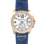 Cartier Calibre 42mm Rose Gold Beyaz Kadran Mavi Deri Kordon Erkek Super Clone ETA Görünüm 1 — Kadran ve Bezel Görünümü