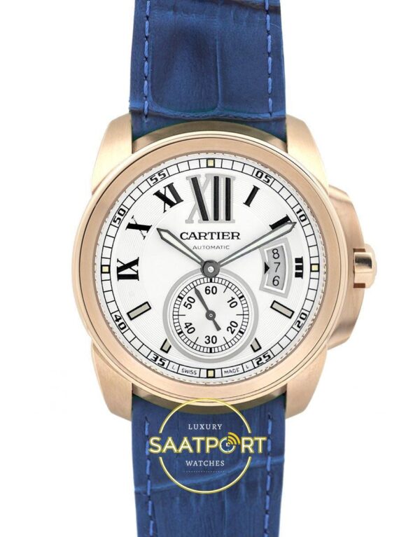 Cartier Calibre 42mm Rose Gold Beyaz Kadran Mavi Deri Kordon Erkek Super Clone ETA Görünüm 1