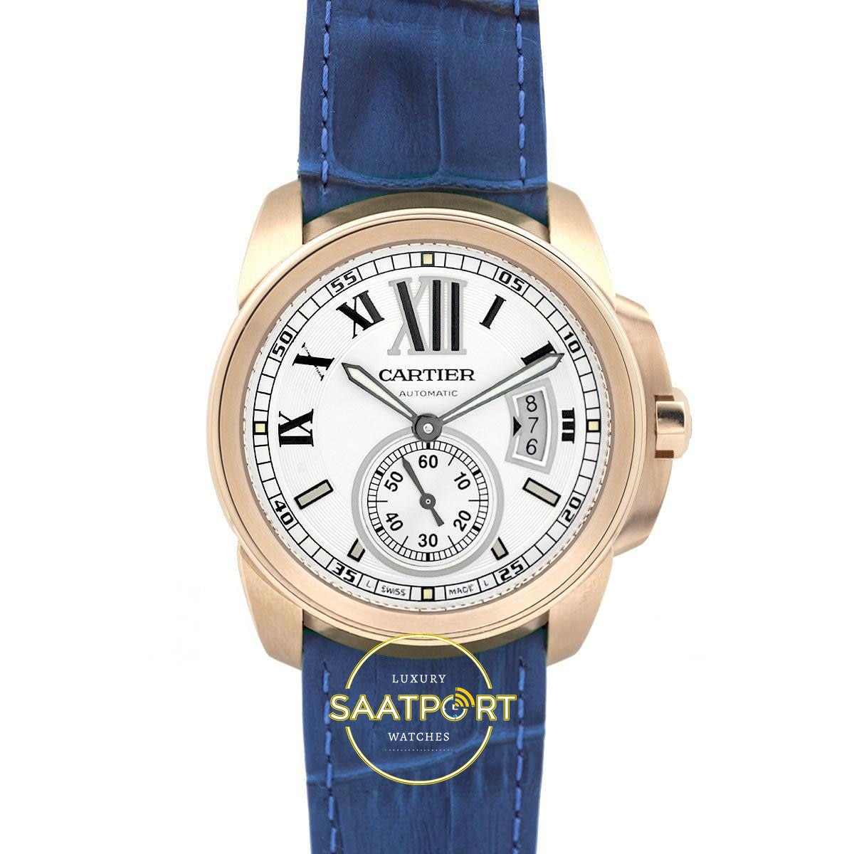 Cartier Calibre 42mm Rose Gold Beyaz Kadran Mavi Deri Kordon Erkek Super Clone ETA - Görünüm 1 Cartier Calibre 42mm Rose Gold Beyaz Kadran Mavi Deri Kordon Erkek Super Clone ETA Görünüm 1