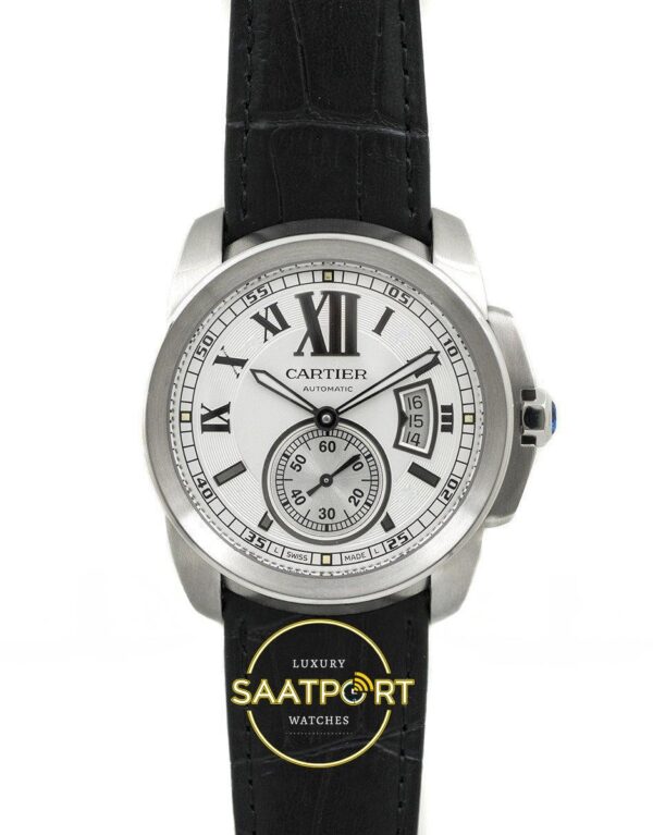 Cartier Calibre 42mm Çelik Beyaz Kadran Siyah Deri Kordon Erkek Super Clone ETA Görünüm 1