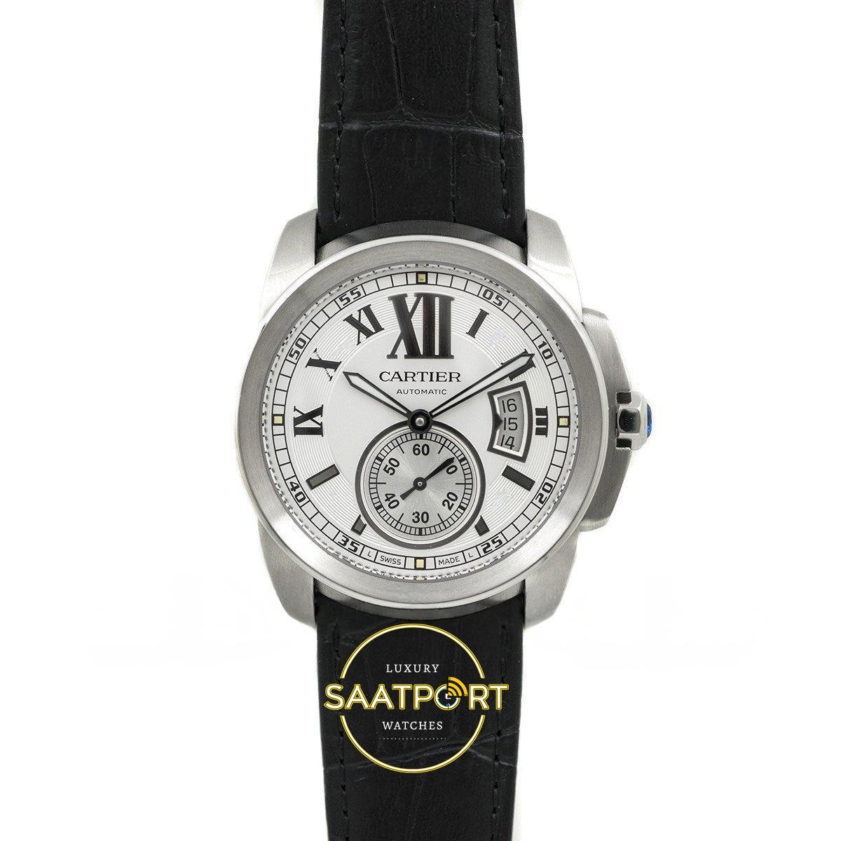 Cartier Calibre 42mm Çelik Beyaz Kadran Siyah Deri Kordon Erkek Super Clone ETA - Görünüm 1 Cartier Calibre 42mm Çelik Beyaz Kadran Siyah Deri Kordon Erkek Super Clone ETA Görünüm 1