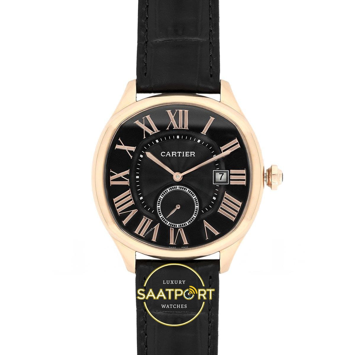 Cartier Drive 42.5mm x 43.5mm x 12.5mm 18K Rose Gold Siyah Roma Erkek Super Clone ETA Saat - Ön Cephe Kadran ve Kasa Görünümü Cartier Drive Erkek ETA Saat 42.5mm x 43.5mm x 12.5mm Ön Cephe Kadran ve Kasa Görünümü Super Clone
