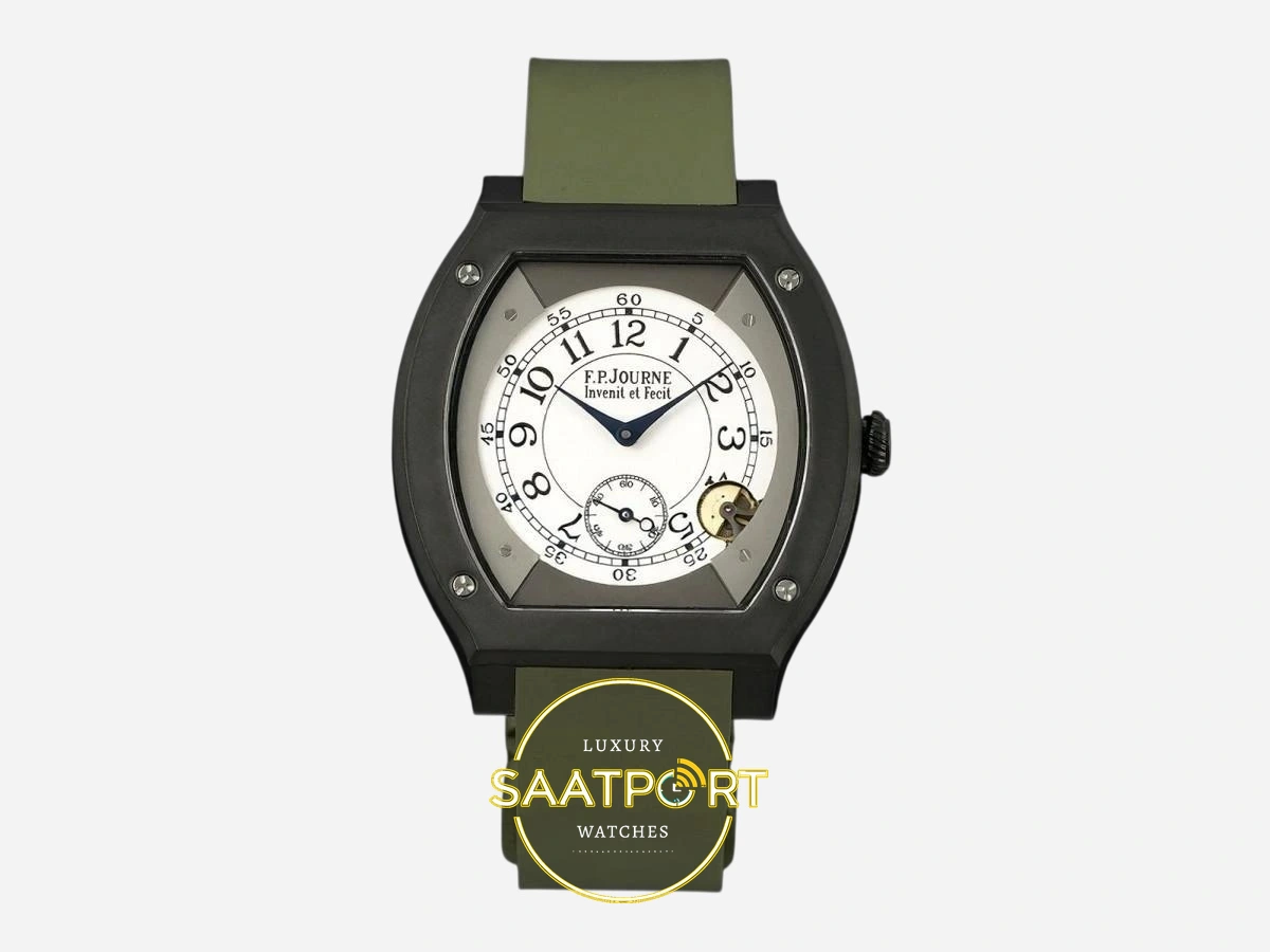 F.P. Journe Élégante Titalyt Beyaz Kadran Yeşil Kordon Super Clone ETA - Önden Tam Boy Stüdyo Görünümü F.P. Journe Élégante Titalyt Beyaz Kadran Yeşil Kordon Super Clone ETA - Önden Tam Boy Stüdyo Görünümü