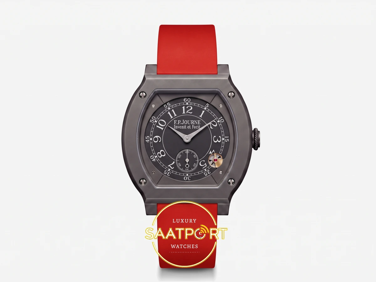 F.P. Journe Élégante Titalyt Siyah Kadran Kırmızı Kordon Super Clone ETA - Önden Tam Boy Stüdyo Görünümü F.P. Journe Élégante Titalyt Siyah Kadran Kırmızı Kordon Super Clone ETA - Önden Tam Boy Stüdyo Görünümü
