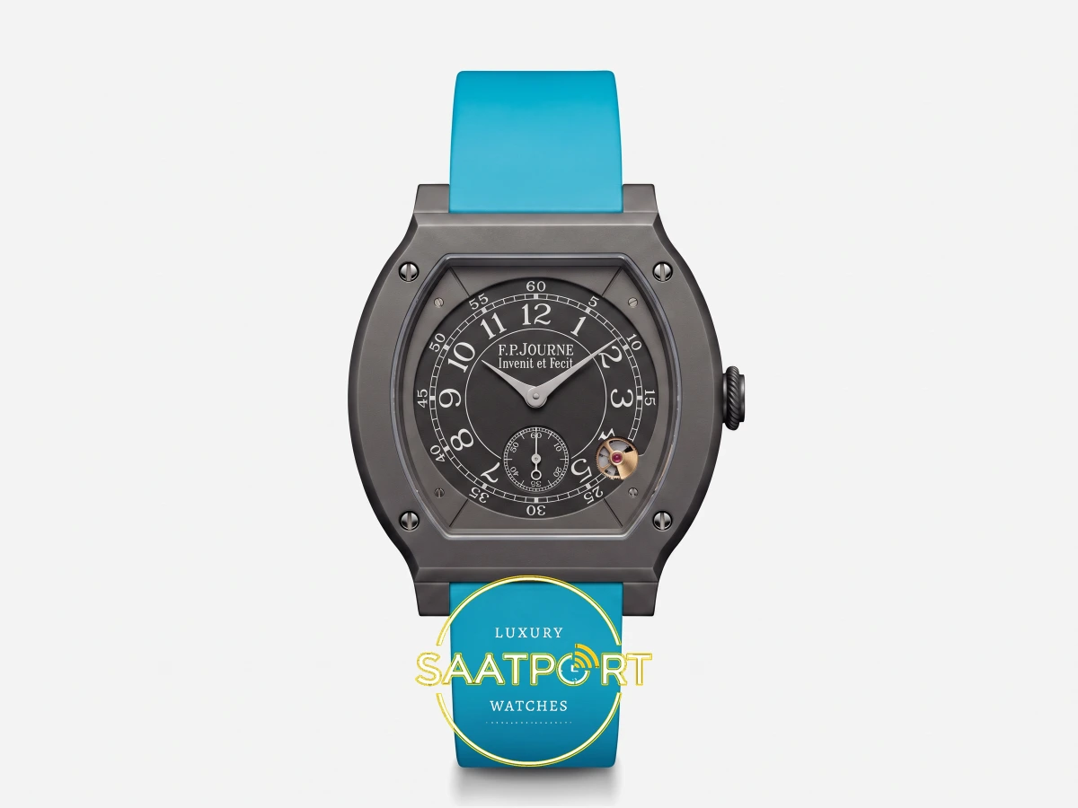 F.P. Journe Élégante Titalyt Siyah Kadran Turkuaz Kordon Super Clone ETA - Önden Tam Boy Stüdyo Görünümü F.P. Journe Élégante Titalyt Siyah Kadran Turkuaz Kordon Super Clone ETA - Önden Tam Boy Stüdyo Görünümü