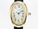 Cartier Baignoire 31mm Sarı Altın Gümüş Kadran Siyah Deri Kordon Bayan Super Clone ETA Görünüm 2 — Kadran ve Bezel Görünümü