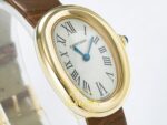 Cartier Baignoire 31mm Sarı Altın Gümüş Kadran Kahve Deri Kordon Bayan Super Clone ETA Görünüm 3 — Kadran ve Bezel Görünümü