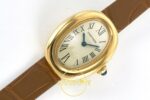 Cartier Baignoire 25mm Sarı Altın Gümüş Kadran Kahve Deri Kordon Bayan Super Clone ETA Görünüm 3 — Kadran ve Bezel Görünümü