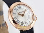 Cartier Ballon Blanc 30mm Rose Gold Beyaz Kadran Siyah Deri Kordon Bayan Super Clone ETA Görünüm 3 — Kadran ve Bezel Görünümü