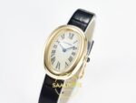 Cartier Baignoire 31mm Sarı Altın Gümüş Kadran Siyah Deri Kordon Bayan Super Clone ETA Görünüm 4 — Kadran ve Bezel Görünümü