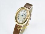 Cartier Baignoire 31mm Sarı Altın Gümüş Kadran Kahve Deri Kordon Bayan Super Clone ETA Görünüm 4 — Kadran ve Bezel Görünümü