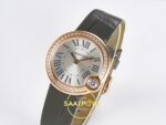 Cartier Ballon Blanc De Cartier Bayan ETA Saat 30mm Sağ Çapraz Safir Taşlı Kurma Kolu ve Kasa Profili Super Clone — Kadran ve Bezel Görünümü