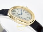 Cartier Baignoire 31mm Sarı Altın Gümüş Kadran Siyah Deri Kordon Bayan Super Clone ETA Görünüm 6 — Kadran ve Bezel Görünümü