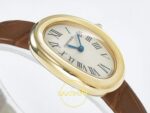 Cartier Baignoire 31mm Sarı Altın Gümüş Kadran Kahve Deri Kordon Bayan Super Clone ETA Görünüm 6 — Kadran ve Bezel Görünümü