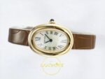 Cartier Baignoire 31mm Sarı Altın Gümüş Kadran Kahve Deri Kordon Bayan Super Clone ETA Görünüm 7 — Kadran ve Bezel Görünümü