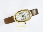 Cartier Baignoire 31mm Sarı Altın Gümüş Kadran Kahve Deri Kordon Bayan Super Clone ETA Görünüm 8 — Kadran ve Bezel Görünümü