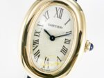 Cartier Baignoire 31mm Sarı Altın Gümüş Kadran Siyah Deri Kordon Bayan Super Clone ETA Görünüm 9 — Kadran ve Bezel Görünümü